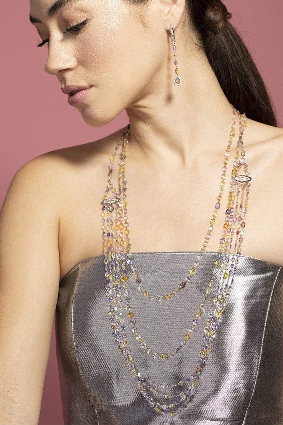 SUTRA-Sapphire and Diamond Triple Strand Necklace-WHITE GOLD