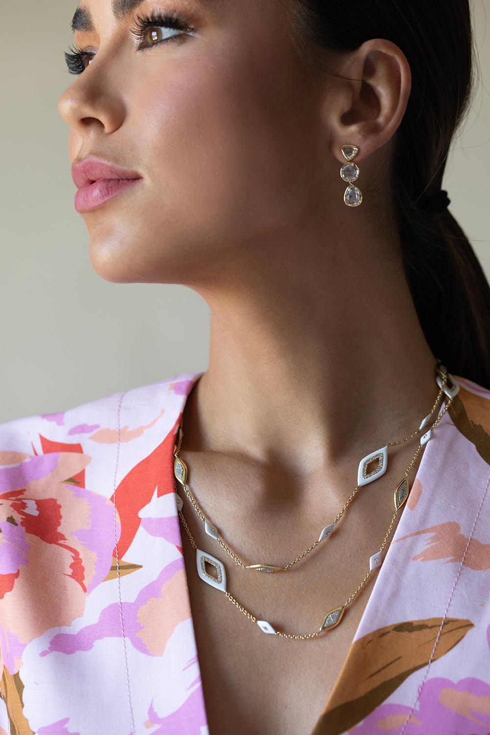 SUTRA-White Ceramic Diamond Necklace-YELLOW GOLD