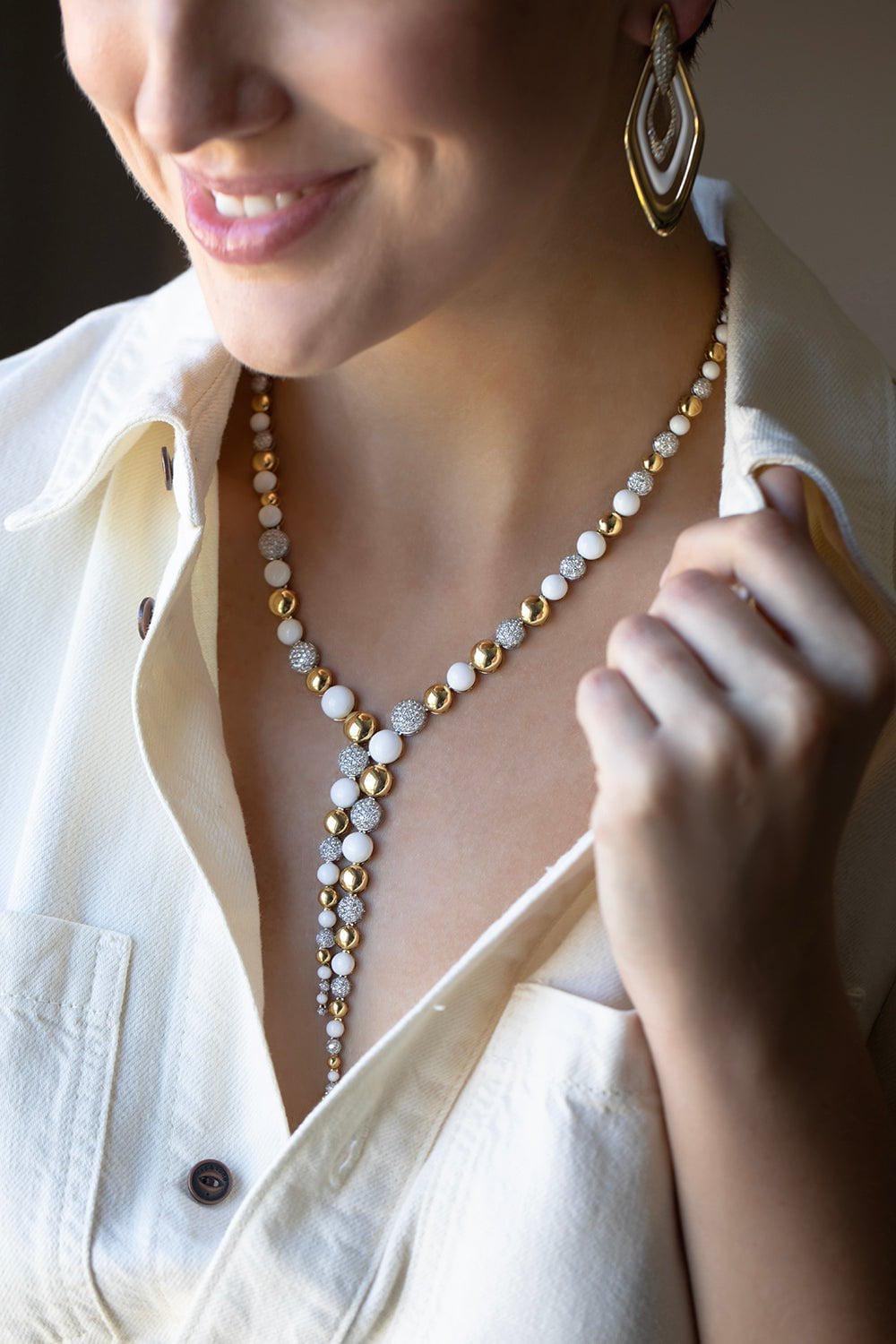 SUTRA-White Ceramic Diamond Necklace-YELLOW GOLD