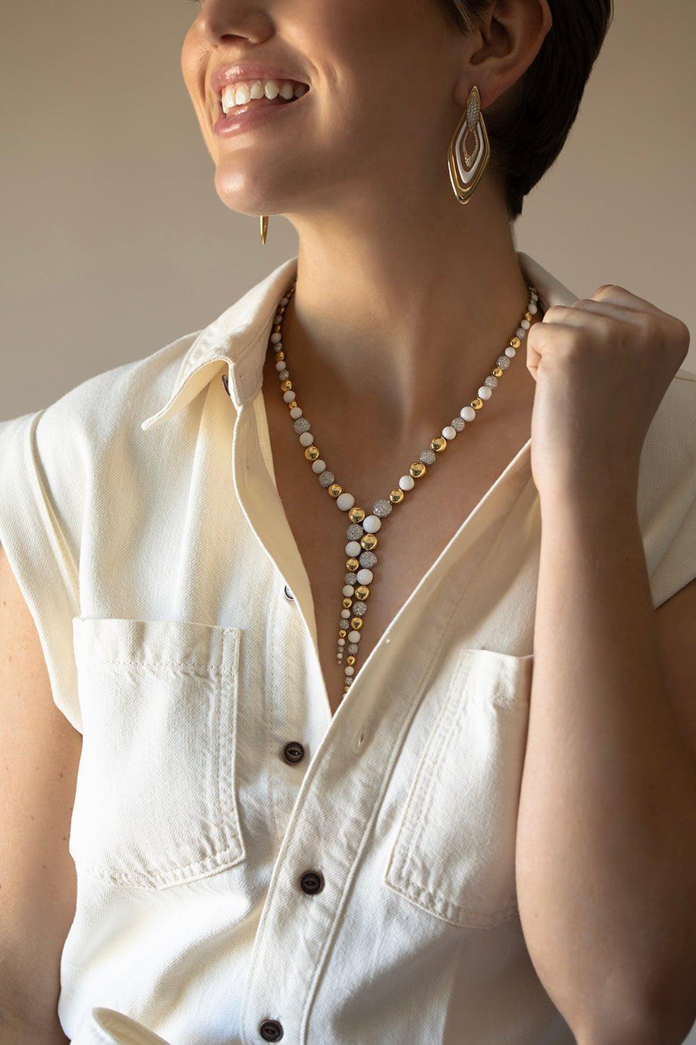 SUTRA-White Ceramic Diamond Necklace-YELLOW GOLD