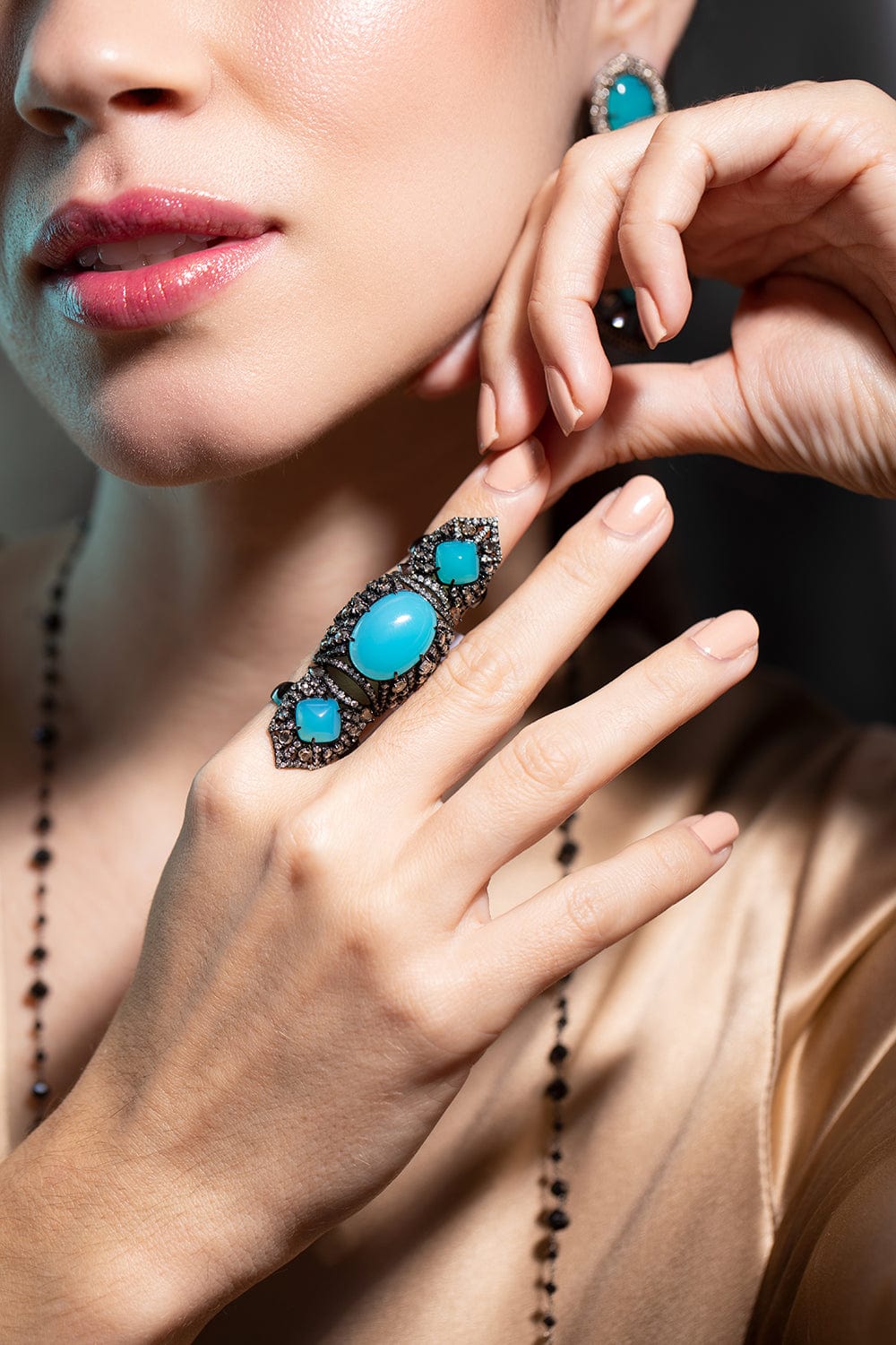 SUTRA-Agate and Diamond Triple Ring-BLACK GOLD