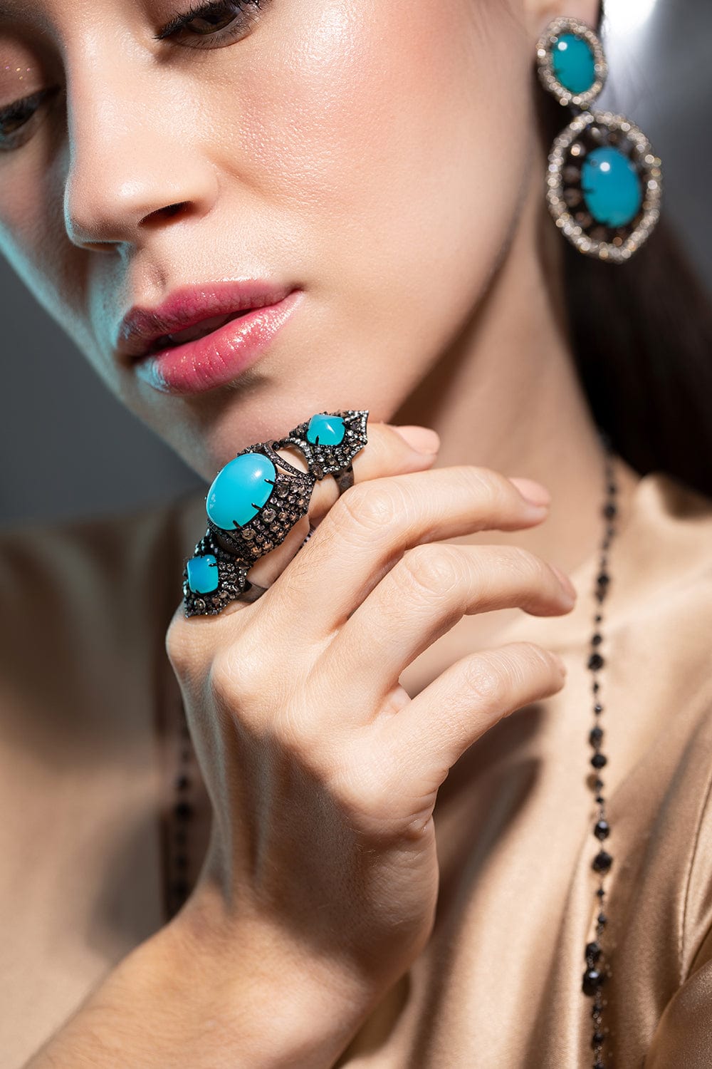 SUTRA-Agate and Diamond Triple Ring-BLACK GOLD