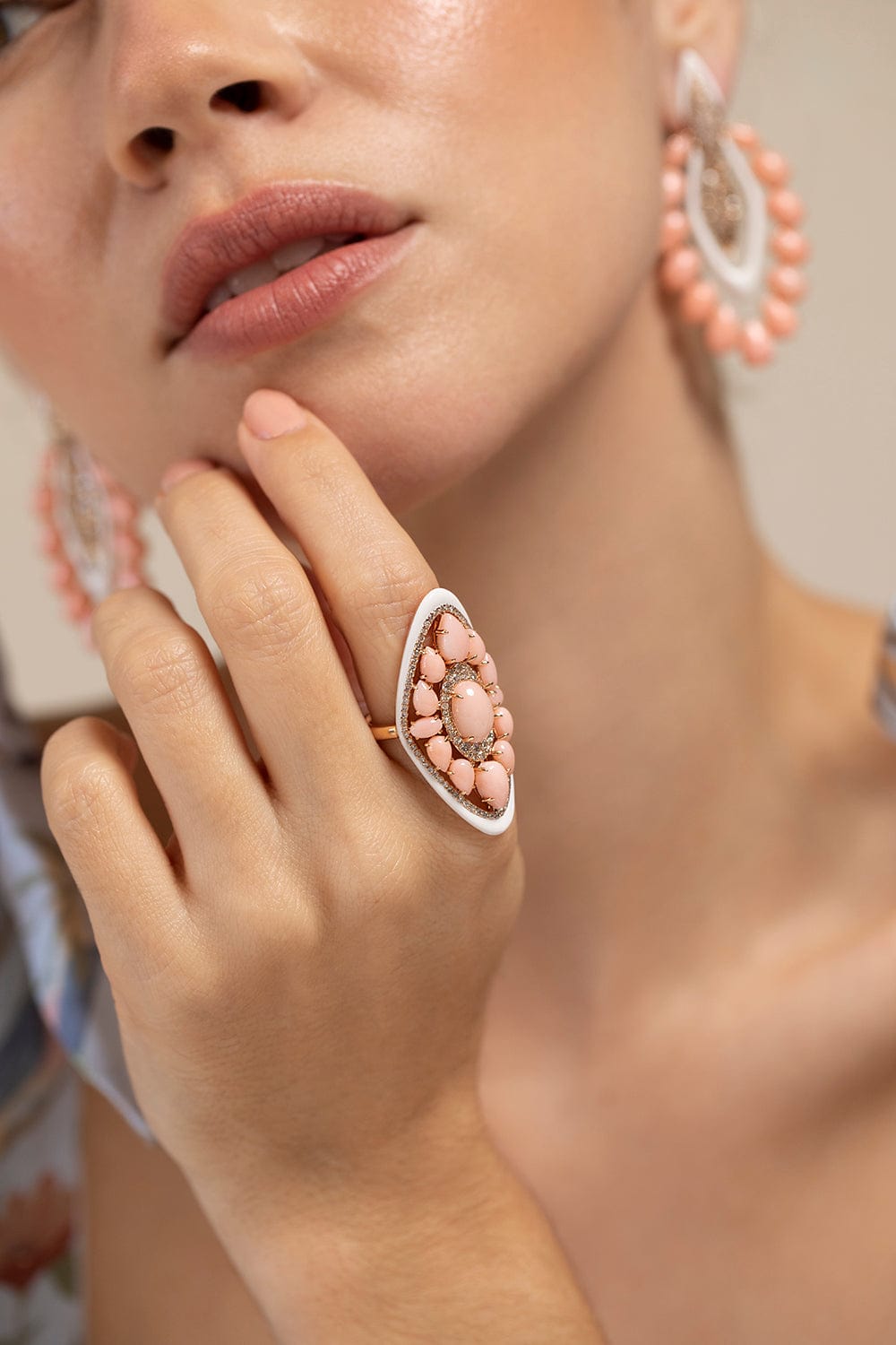 SUTRA-White Opal Pink Ceramic Ring-WHITE GOLD