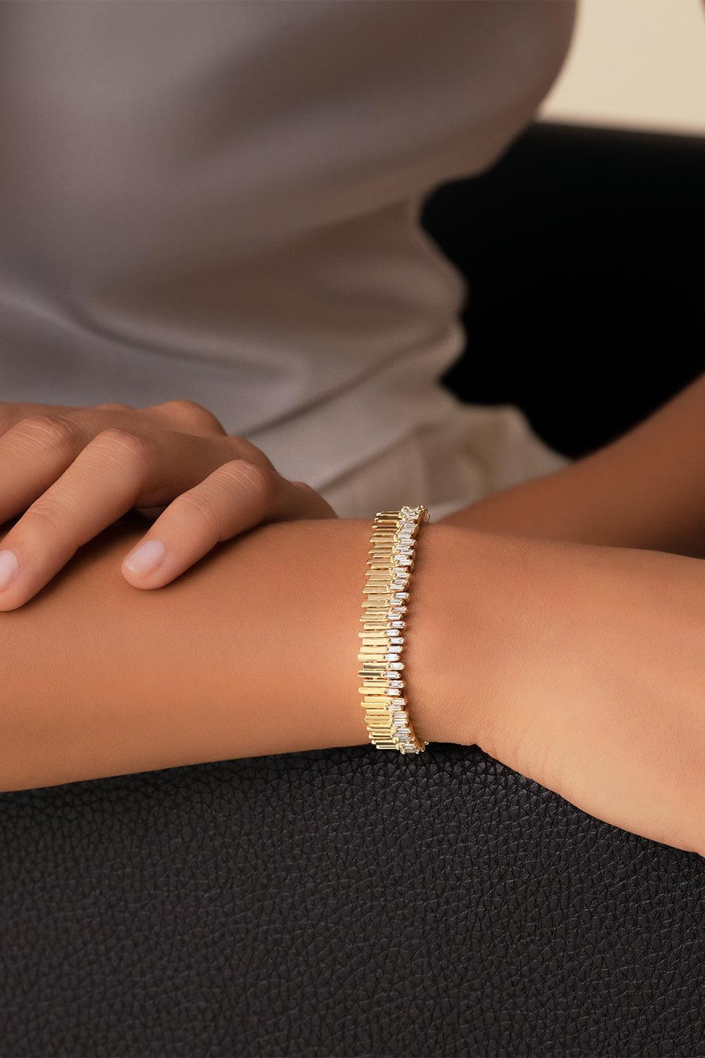 Baguette Diamond Jagged Tennis Bracelet-YELLOW GOLD-7-JEWELRYFINE JEWELBRACELET O-SUZANNE KALAN