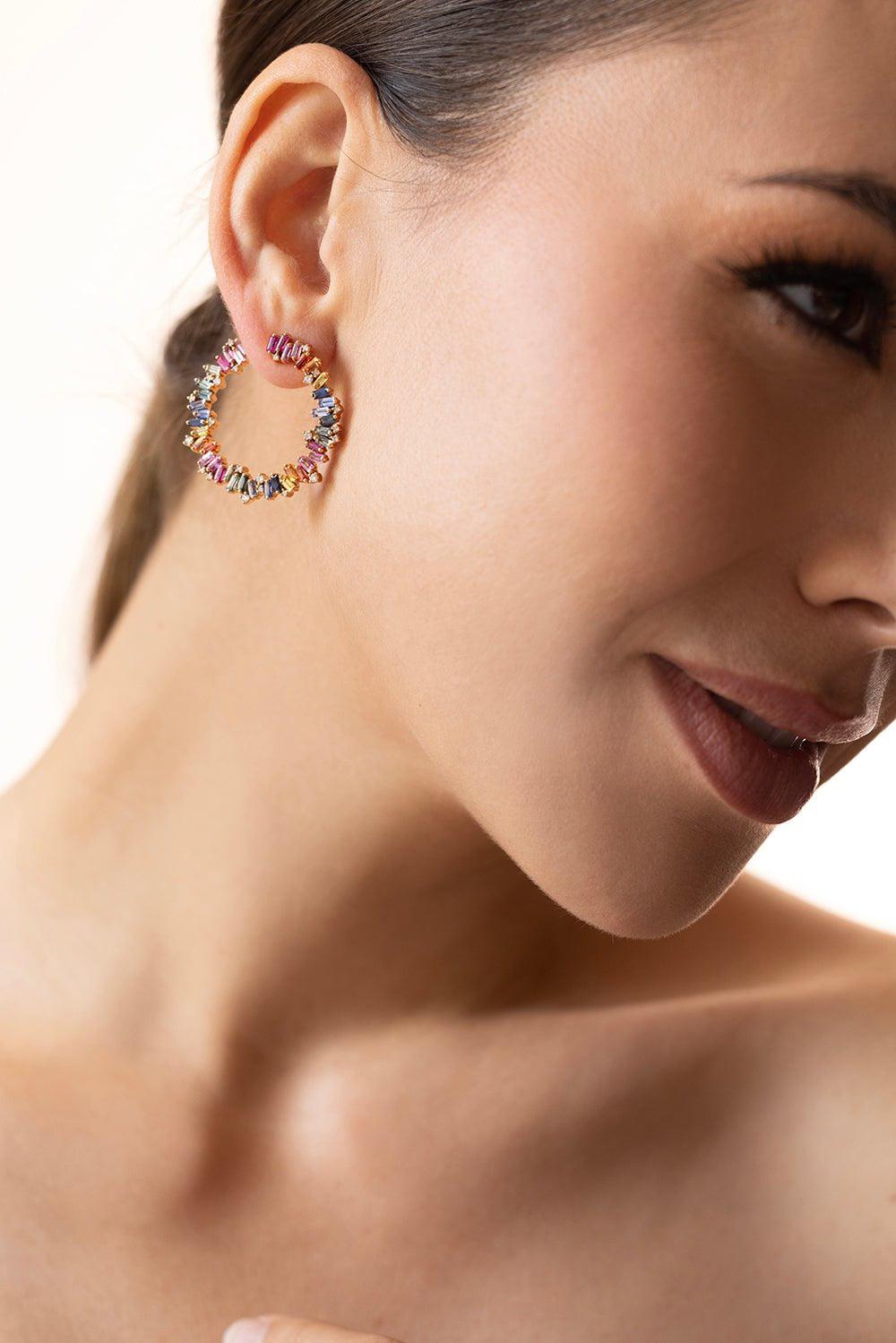 SUZANNE KALAN-Celeste Rainbow Sapphire Sideways Hoops-