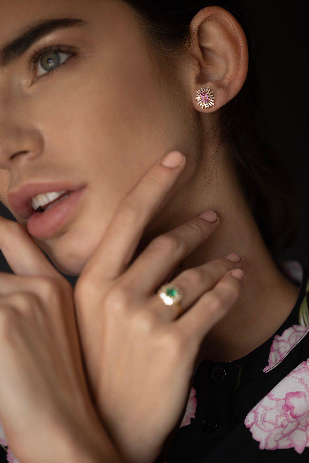 SUZANNE KALAN-Pink Sapphire Diamond Baguette Earrings-ROSE GOLD