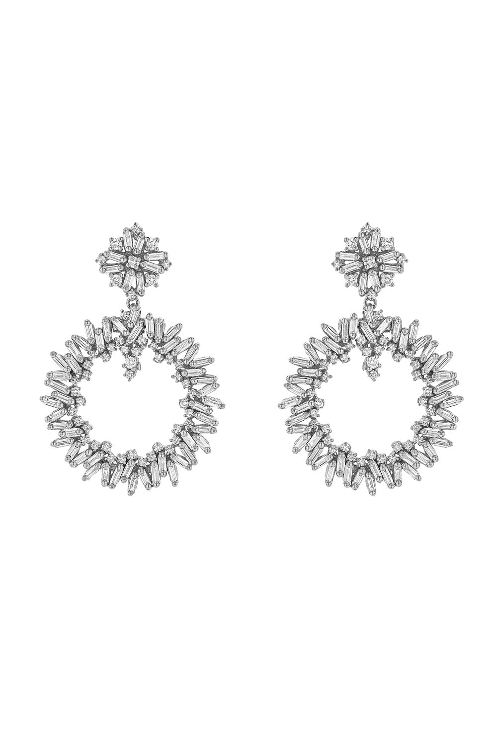 Baguette Diamond Round Drop Earrings-WHITE GOLD-JEWELRYFINE JEWELEARRING-SUZANNE KALAN