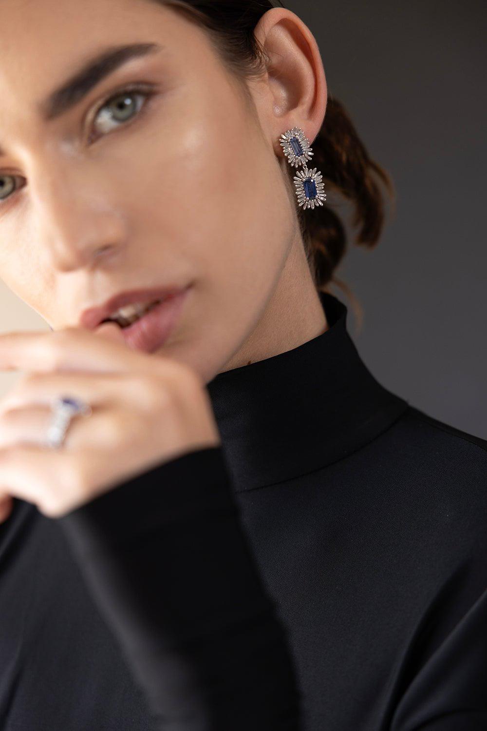 SUZANNE KALAN-Blue Sapphire Diamond Baguette Earrings-WHITE GOLD
