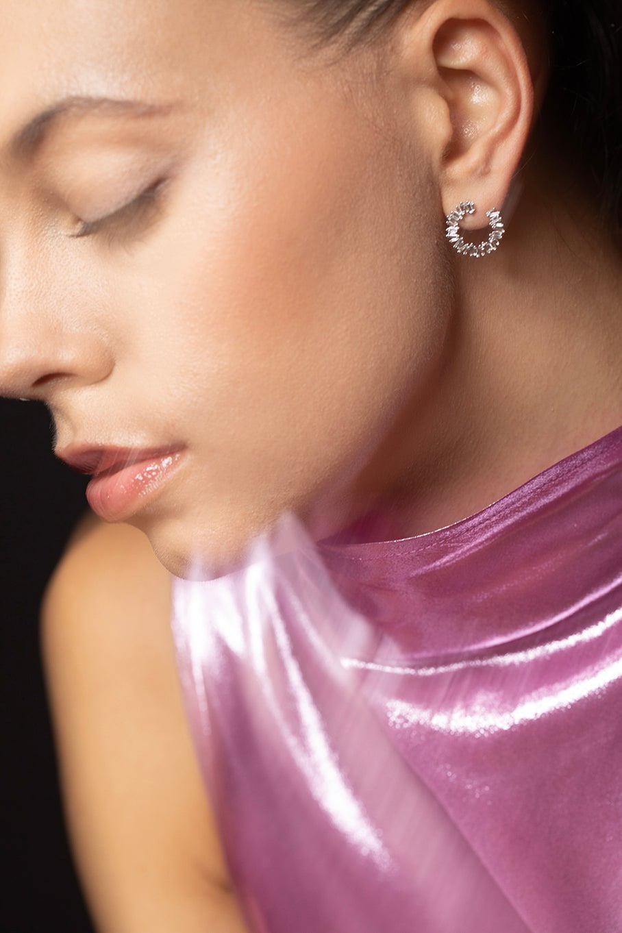 SUZANNE KALAN-Medium Spiral Diamond Baguette Earrings-WHITE GOLD