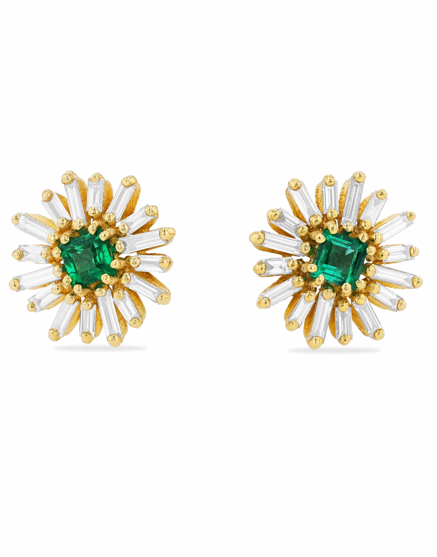 SUZANNE KALAN-Emerald and Diamond Flower Stud Earrings-YELLOW GOLD