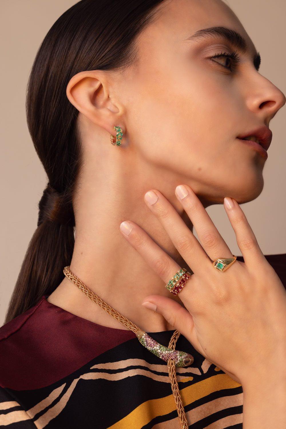 SUZANNE KALAN-Princess Cut Mini Emerald Hoop Earrings-YELLOW GOLD