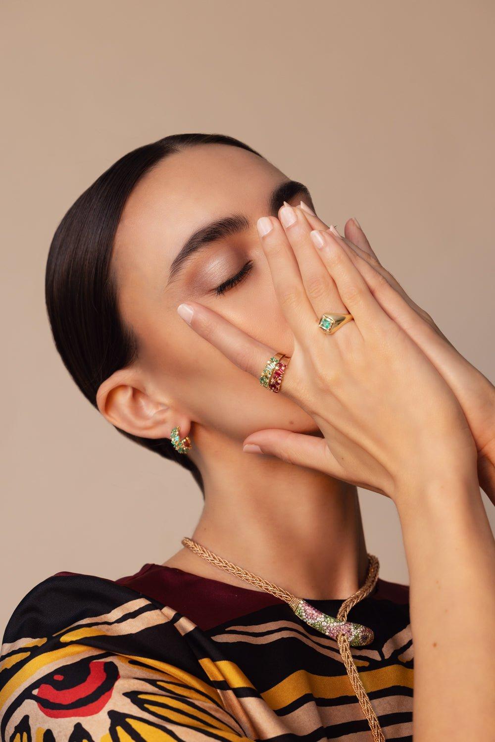SUZANNE KALAN-Princess Cut Mini Emerald Hoop Earrings-YELLOW GOLD