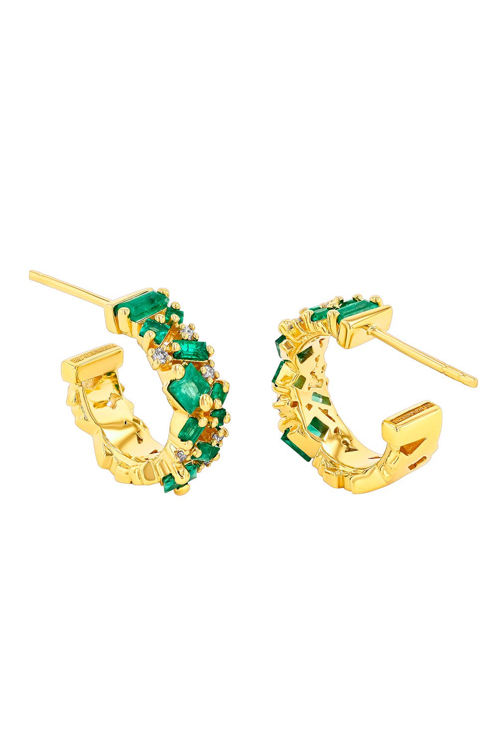 SUZANNE KALAN-Princess Cut Mini Emerald Hoop Earrings-YELLOW GOLD