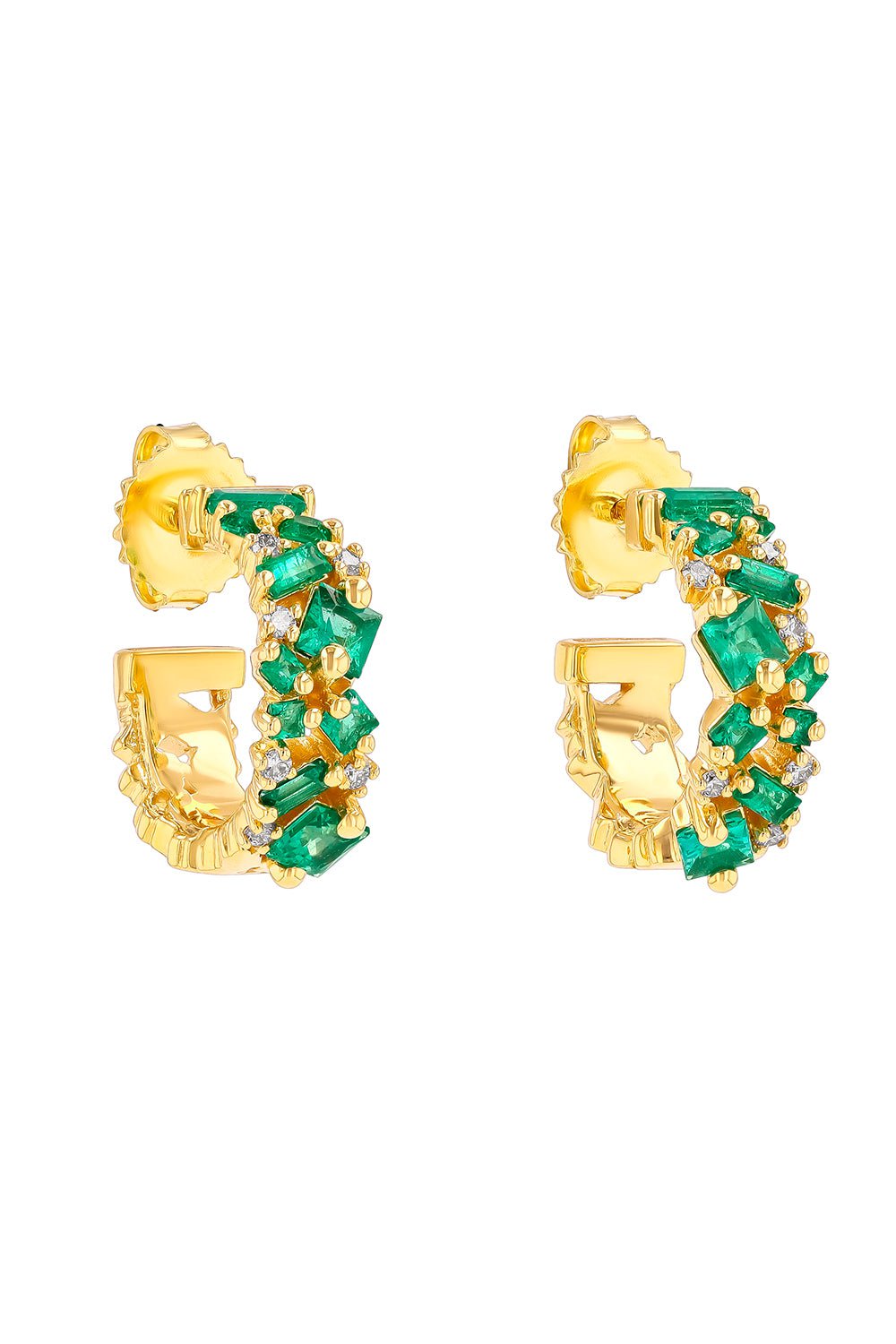 SUZANNE KALAN-Princess Cut Mini Emerald Hoop Earrings-YELLOW GOLD