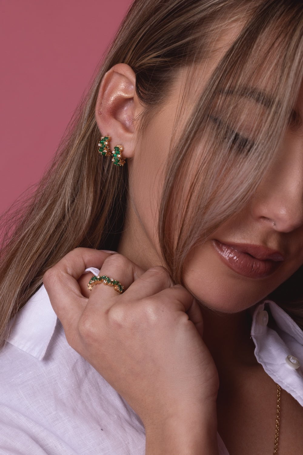 Shimmer Emerald Mini Hoop Earrings JEWELRYFINE JEWELEARRING SUZANNE KALAN   