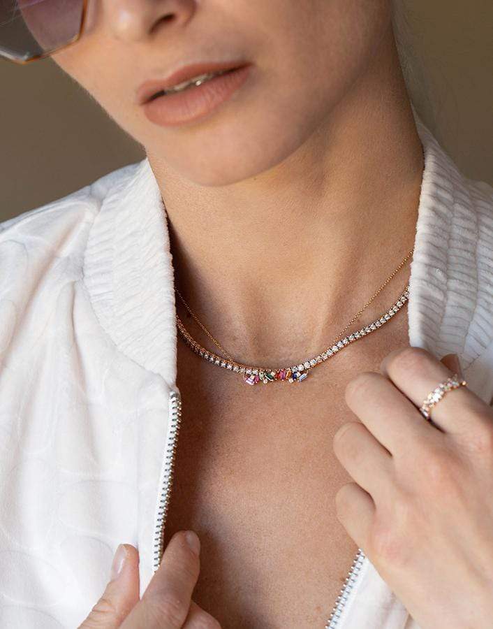 SUZANNE KALAN-Rainbow Sapphire Fireworks Bar Necklace - Yellow Gold-YELLOW GOLD