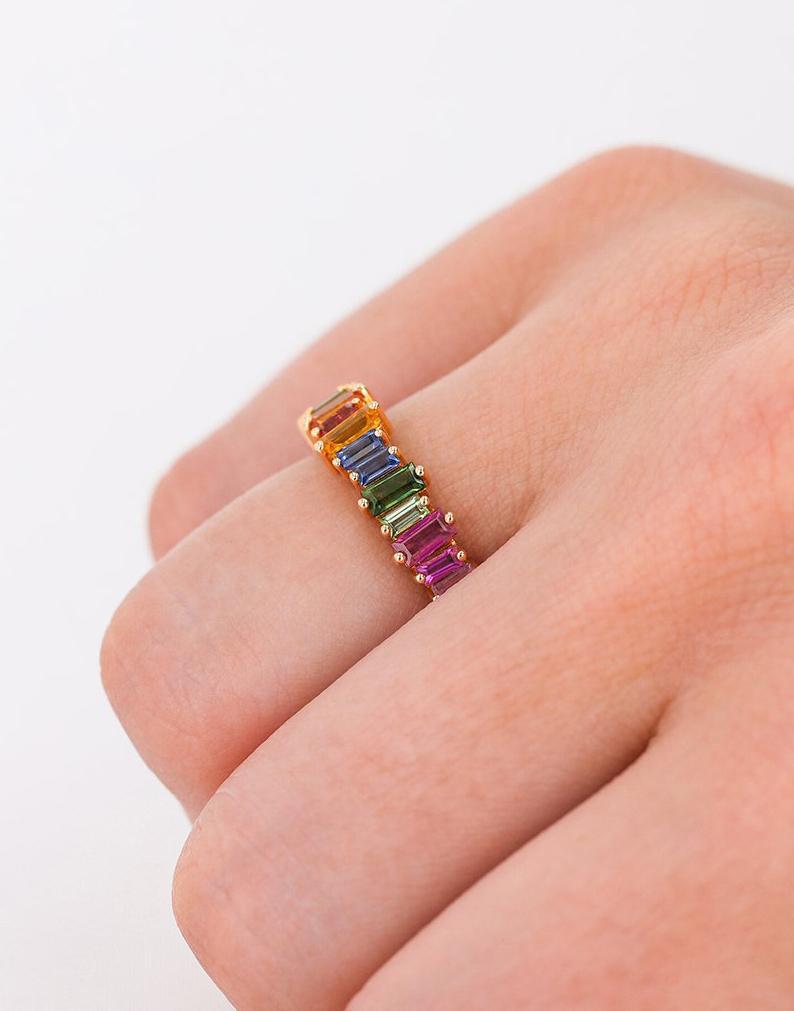 SUZANNE KALAN-Rainbow Sapphire Baguette Half Band-ROSE GOLD