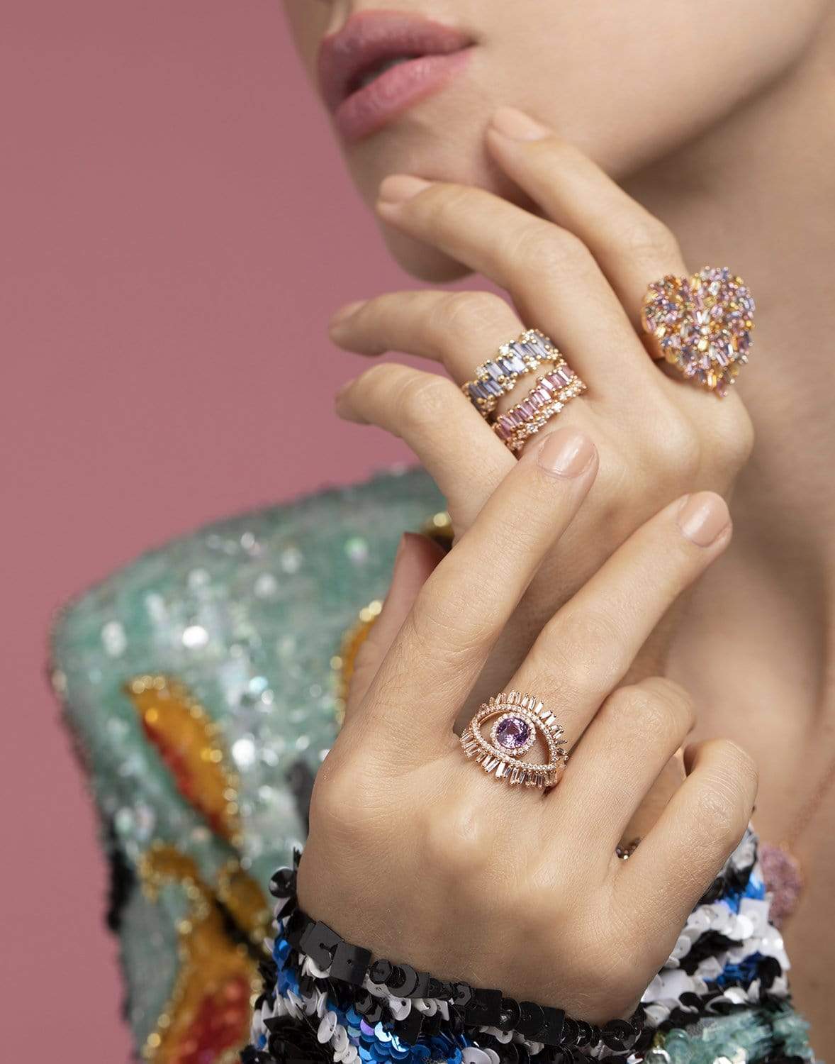 SUZANNE KALAN-Pink Sapphire and Diamond Evil Eye Ring-ROSE GOLD
