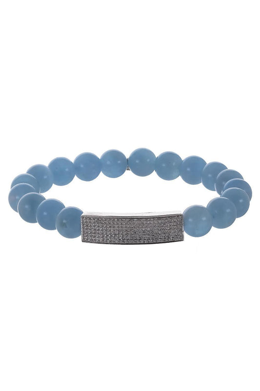 Aquamarine Diamond Pave Small ID Bar Beaded Bracelet