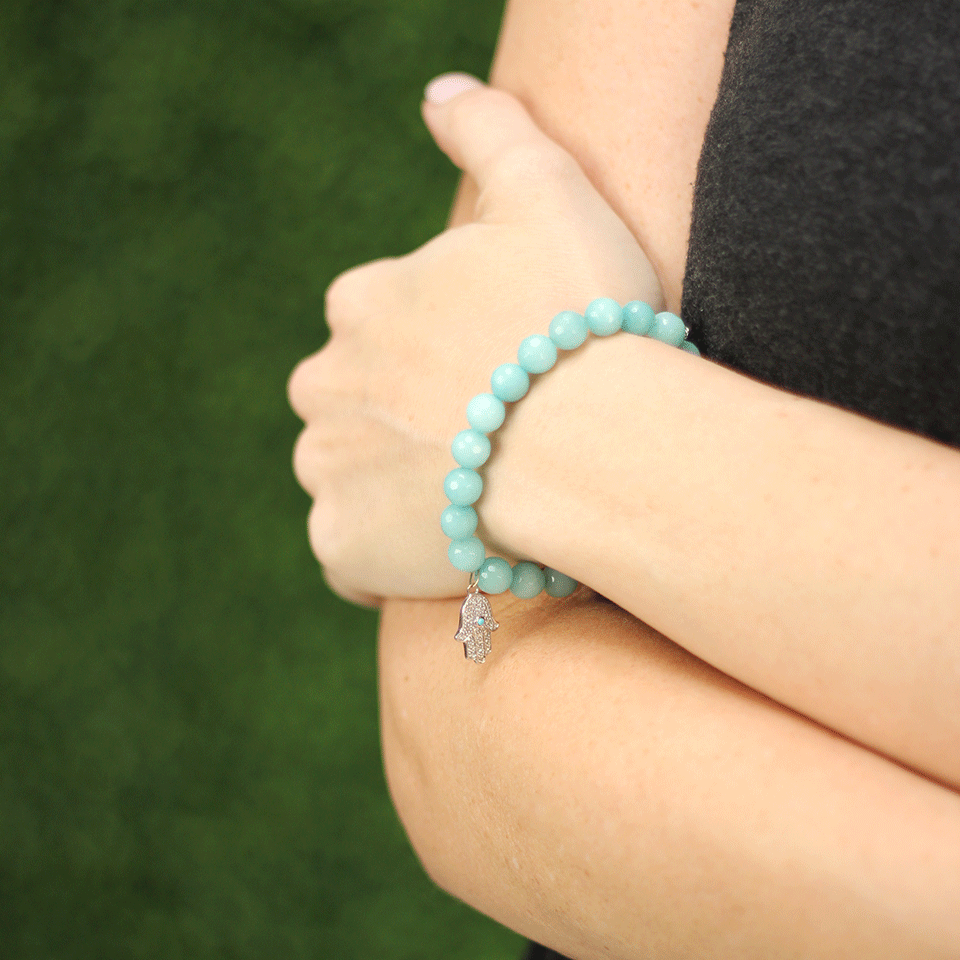 SYDNEY EVAN-Hamsa Charm Beaded Bracelet-WHITE GOLD