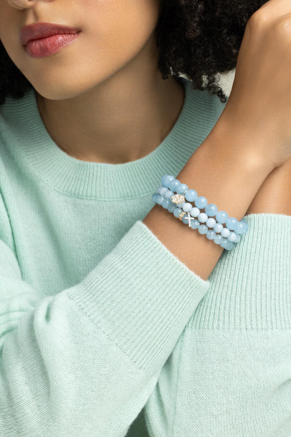 Aquamarine Daisy Rondelle Beaded Bracelet-YELLOW GOLD-JEWELRYFINE JEWELBRACELET O-SYDNEY EVAN