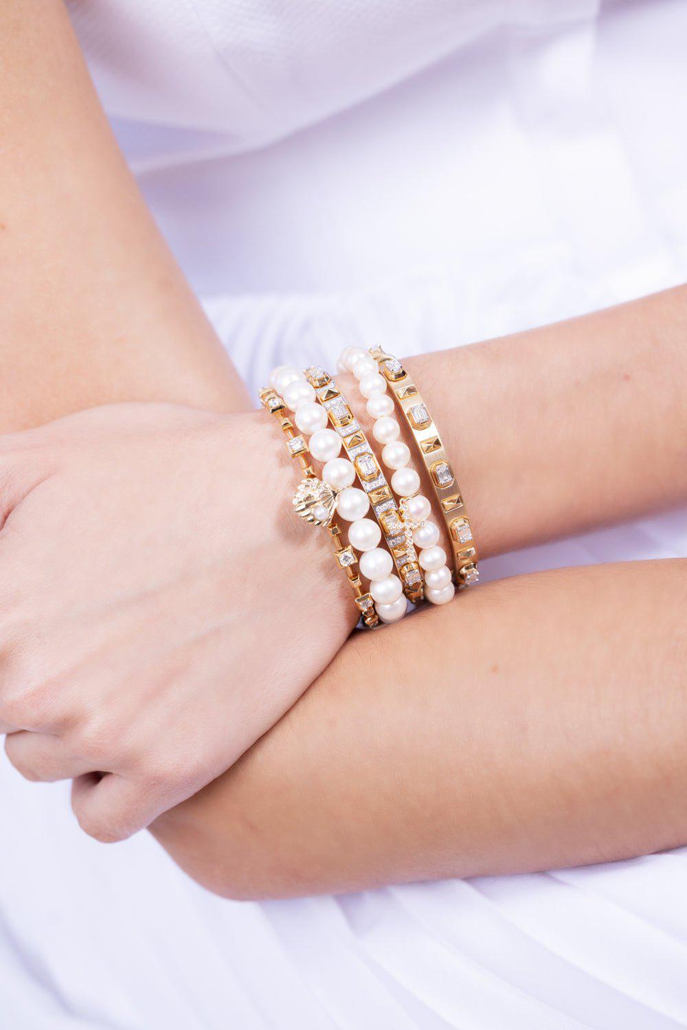 SYDNEY EVAN-Clam Shell Pearl Charm Bracelet-YELLOW GOLD