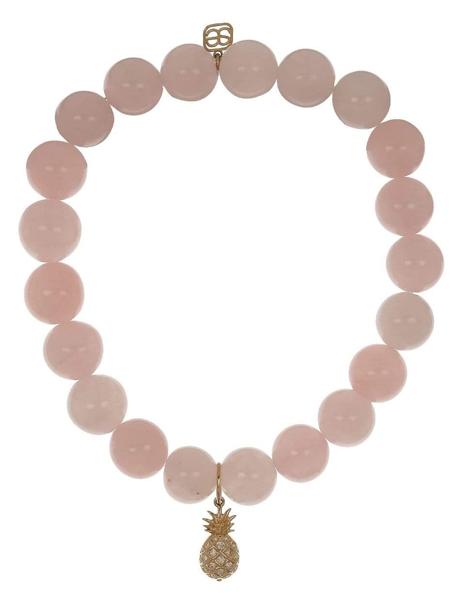 SYDNEY EVAN-Diamond Pineapple Charm Rose Quartz Bead Bracelet-YELLOW GOLD