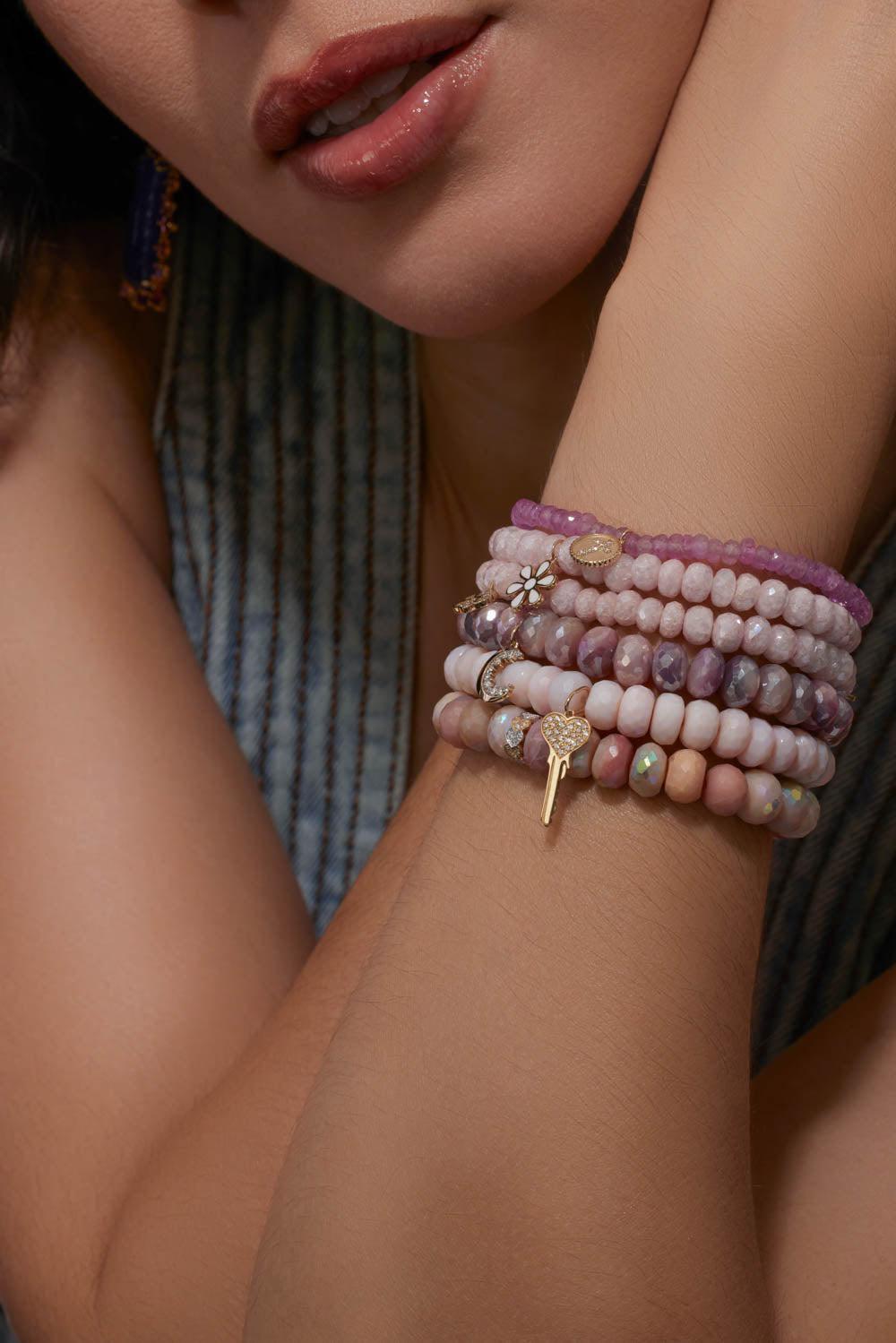 Eternity Heart Rondelle Pink Opal Bead Bracelet-YELLOW GOLD-JEWELRYFINE JEWELBRACELET O-SYDNEY EVAN