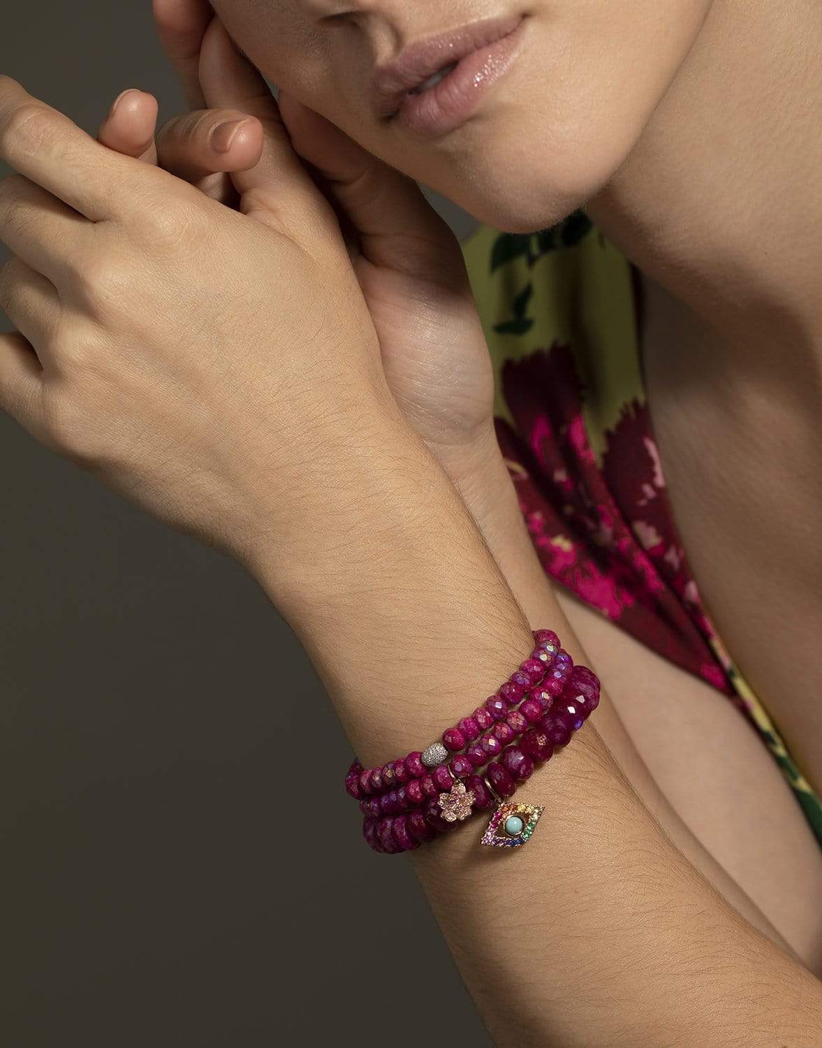 SYDNEY EVAN-Fuschia Quartz Evil Eye Bead Bracelet-YELLOW GOLD