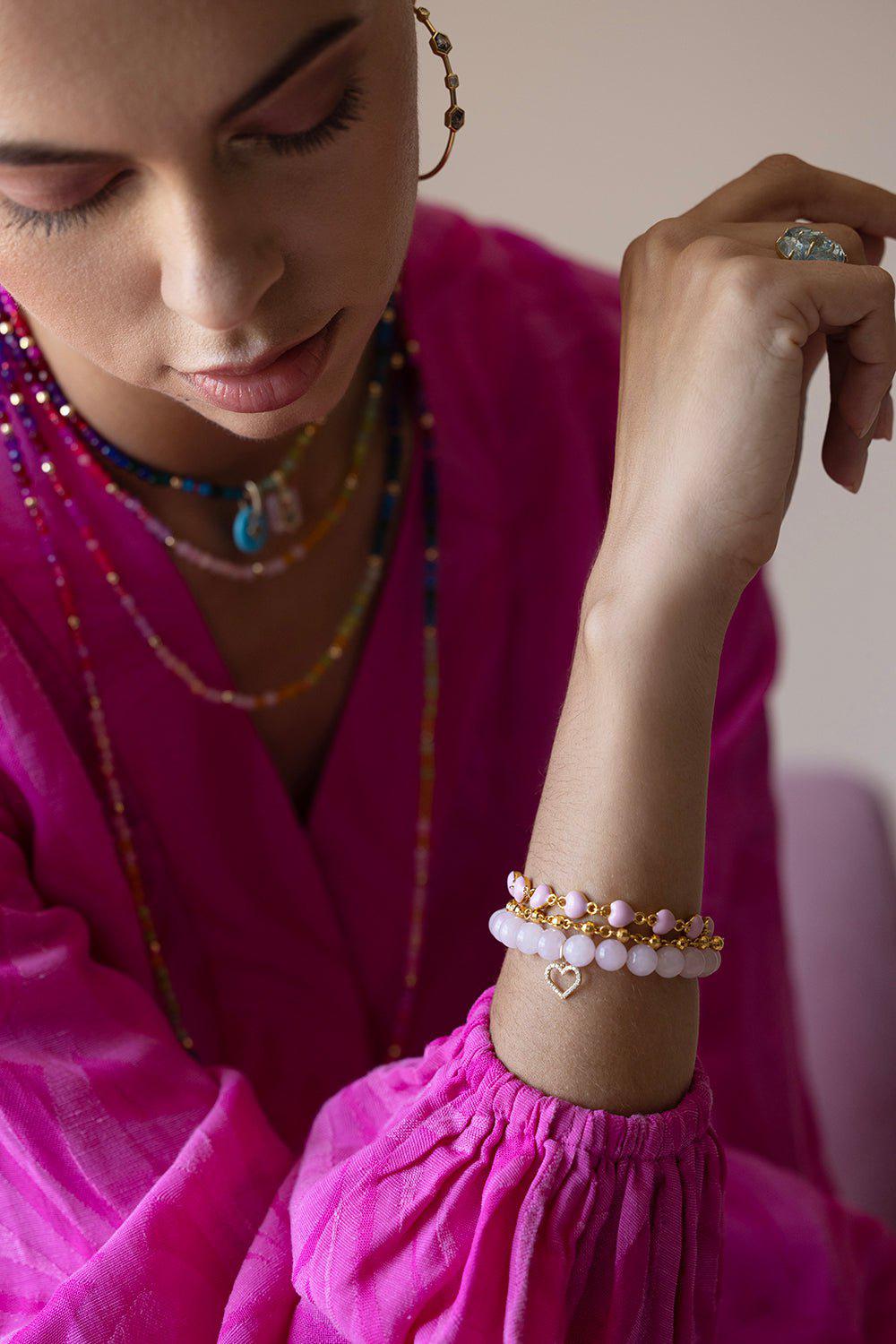 SYDNEY EVAN-Heart Rose Quartz Charm Bracelet-YELLOW GOLD