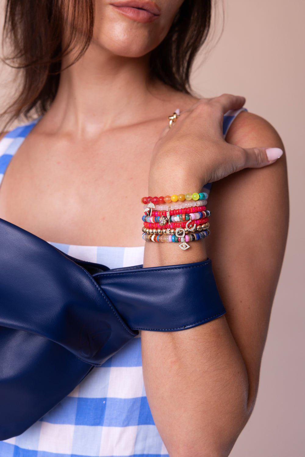 SYDNEY EVAN-Large Evil Eye Heishi Charm Bracelet-YELLOW GOLD