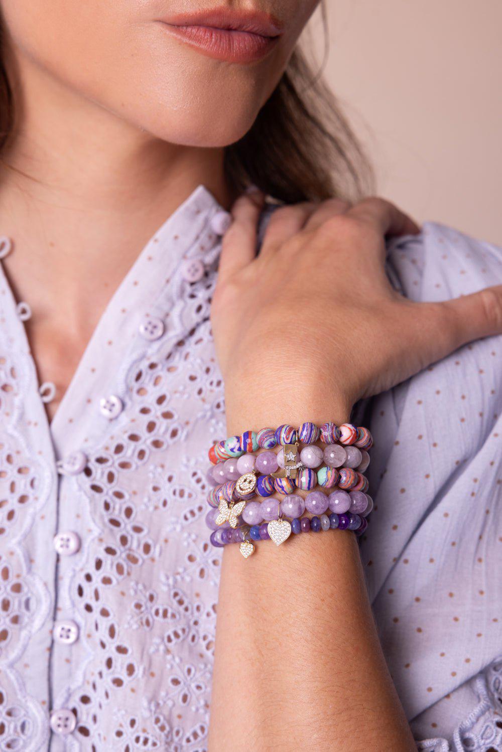SYDNEY EVAN-Mini Heart Amethyst Charm Bracelet-YELLOW GOLD