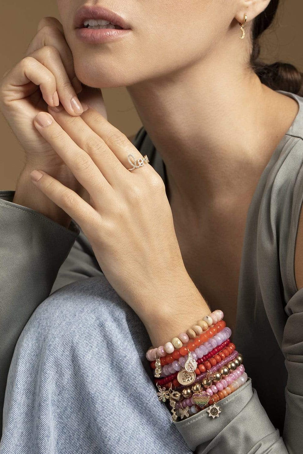 SYDNEY EVAN-Rainbow Daisy Red Bamboo Coral Bead Bracelet-YELLOW GOLD