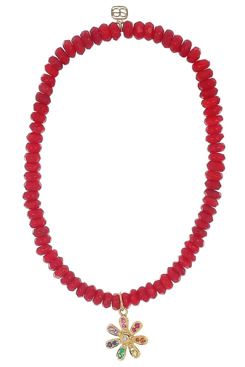 SYDNEY EVAN-Rainbow Daisy Red Bamboo Coral Bead Bracelet-YELLOW GOLD
