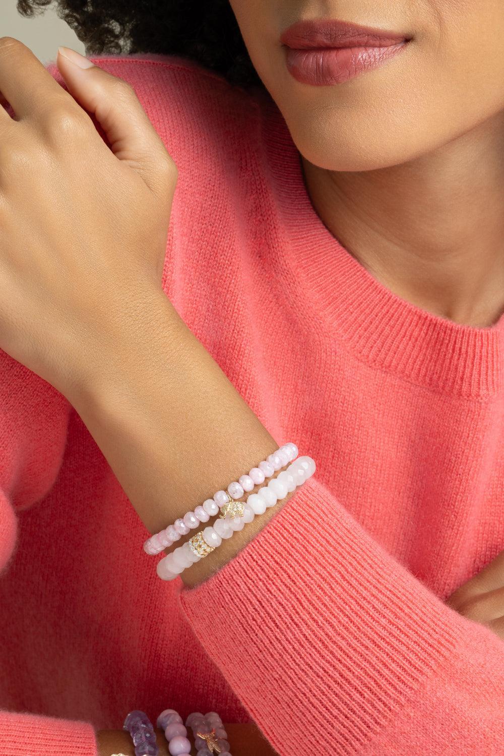 Rose Quartz Rondelle Trio Beaded Bracelet-YELLOW GOLD-JEWELRYFINE JEWELBRACELET O-SYDNEY EVAN