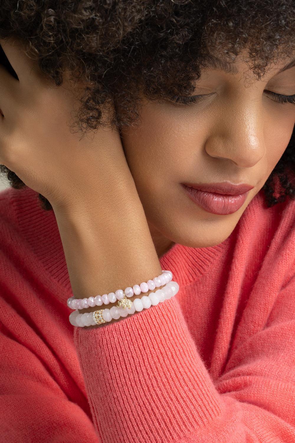 Rose Quartz Rondelle Trio Beaded Bracelet-YELLOW GOLD-JEWELRYFINE JEWELBRACELET O-SYDNEY EVAN