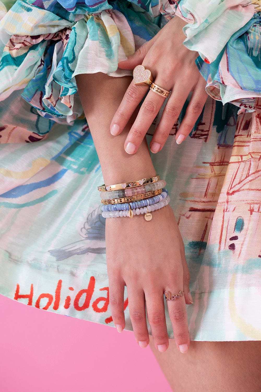 SYDNEY EVAN-Small Cowrie Shell Charm Heishi Bead Bracelet-YELLOW GOLD