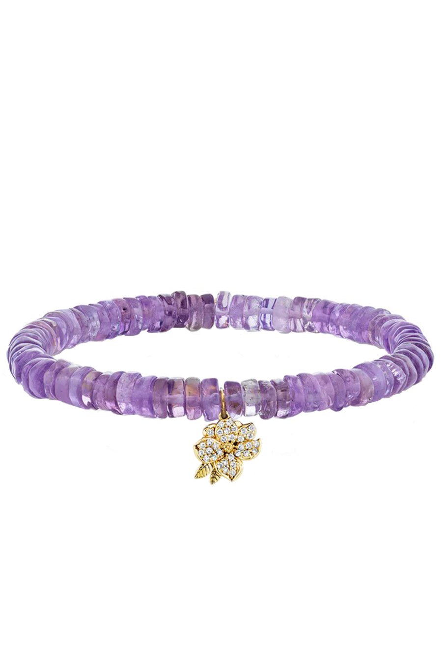 SYDNEY EVAN-Small Magnolia Charm Purple Moonstone Bead Bracelet-YELLOW GOLD