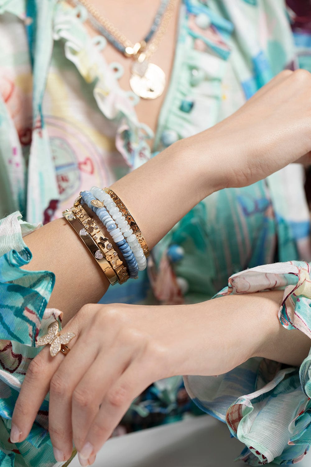SYDNEY EVAN-Tiny Butterfly Coin Aquamarine Bead Bracelet-YELLOW GOLD