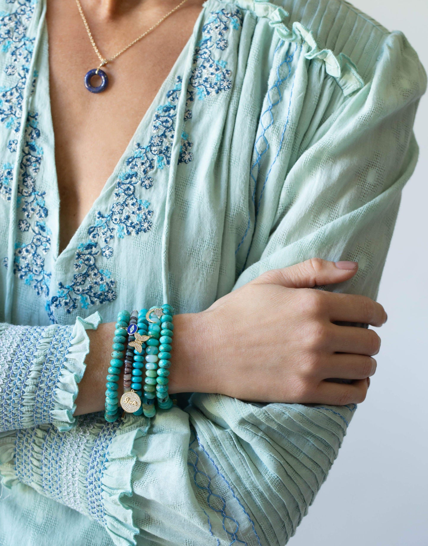 SYDNEY EVAN-Tiny Butterfly on Turquoise Bead Bracelet-YELLOW GOLD