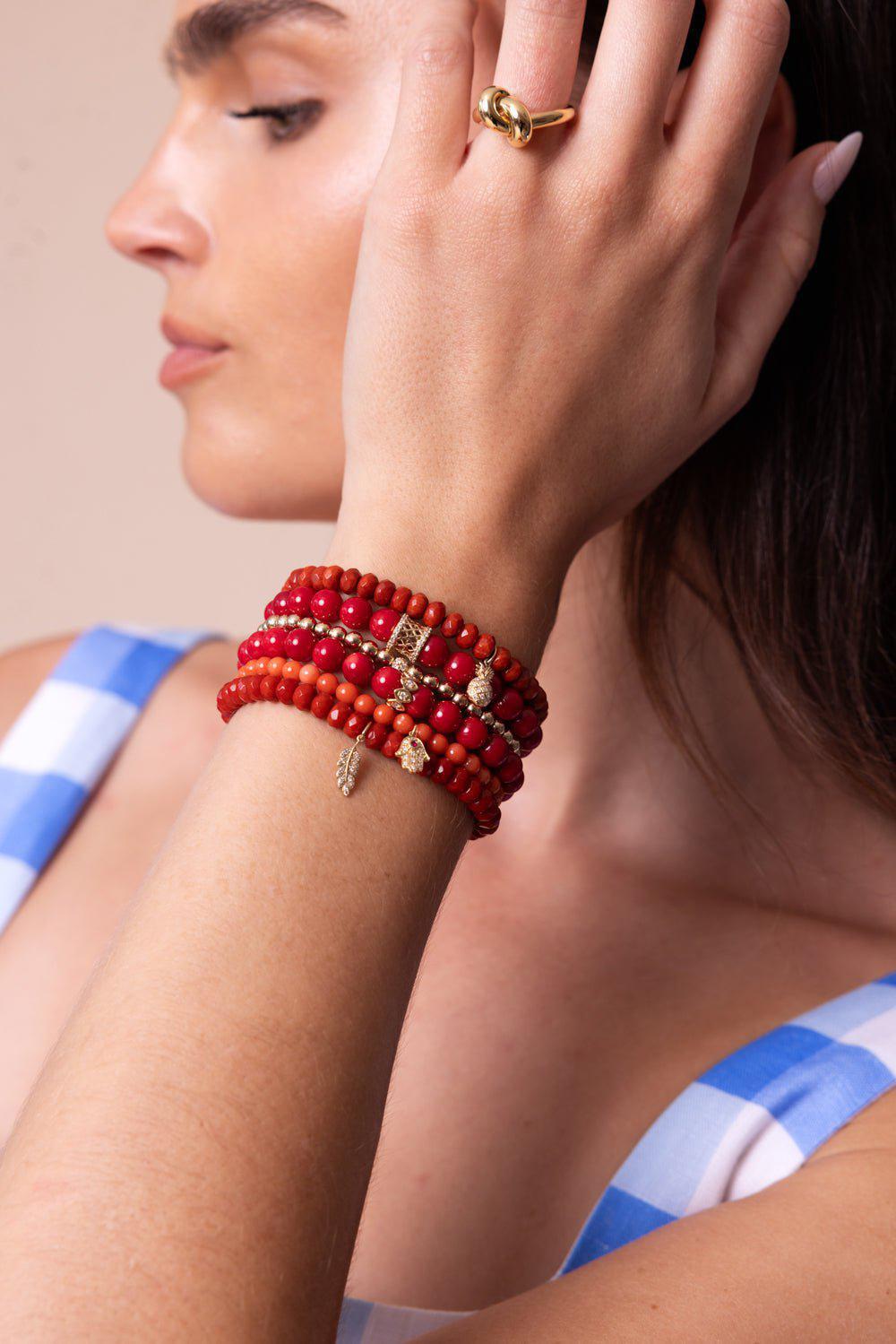 SYDNEY EVAN-Tiny Feather Bamboo Coral Charm Bracelet-YELLOW GOLD