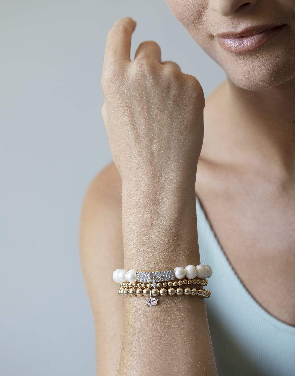 SYDNEY EVAN-XO Diamond Script Gold Bead Bracelet-YELLOW GOLD