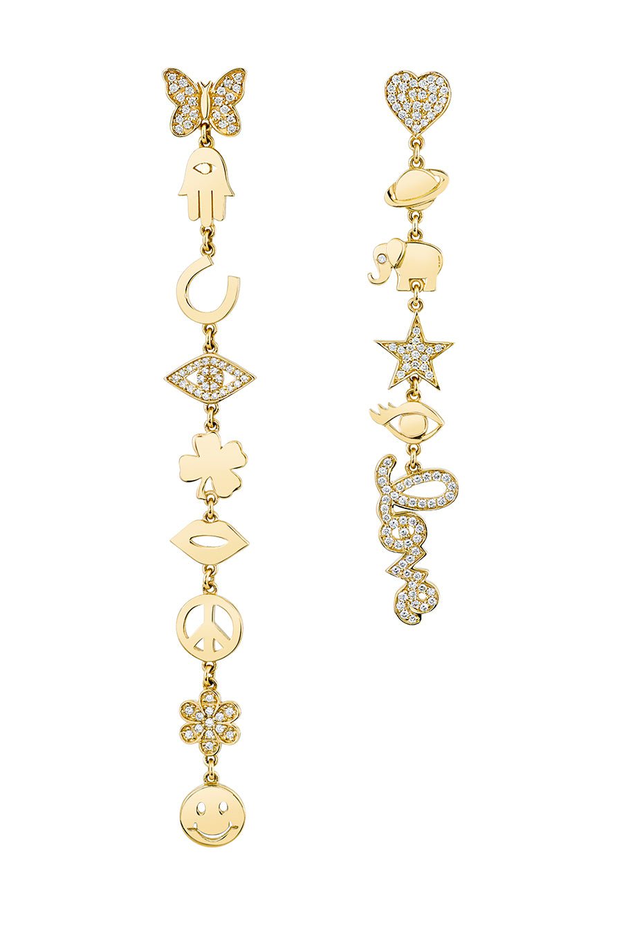SYDNEY EVAN-Mismatch Linear Drop Icon Earrings-YELLOW GOLD