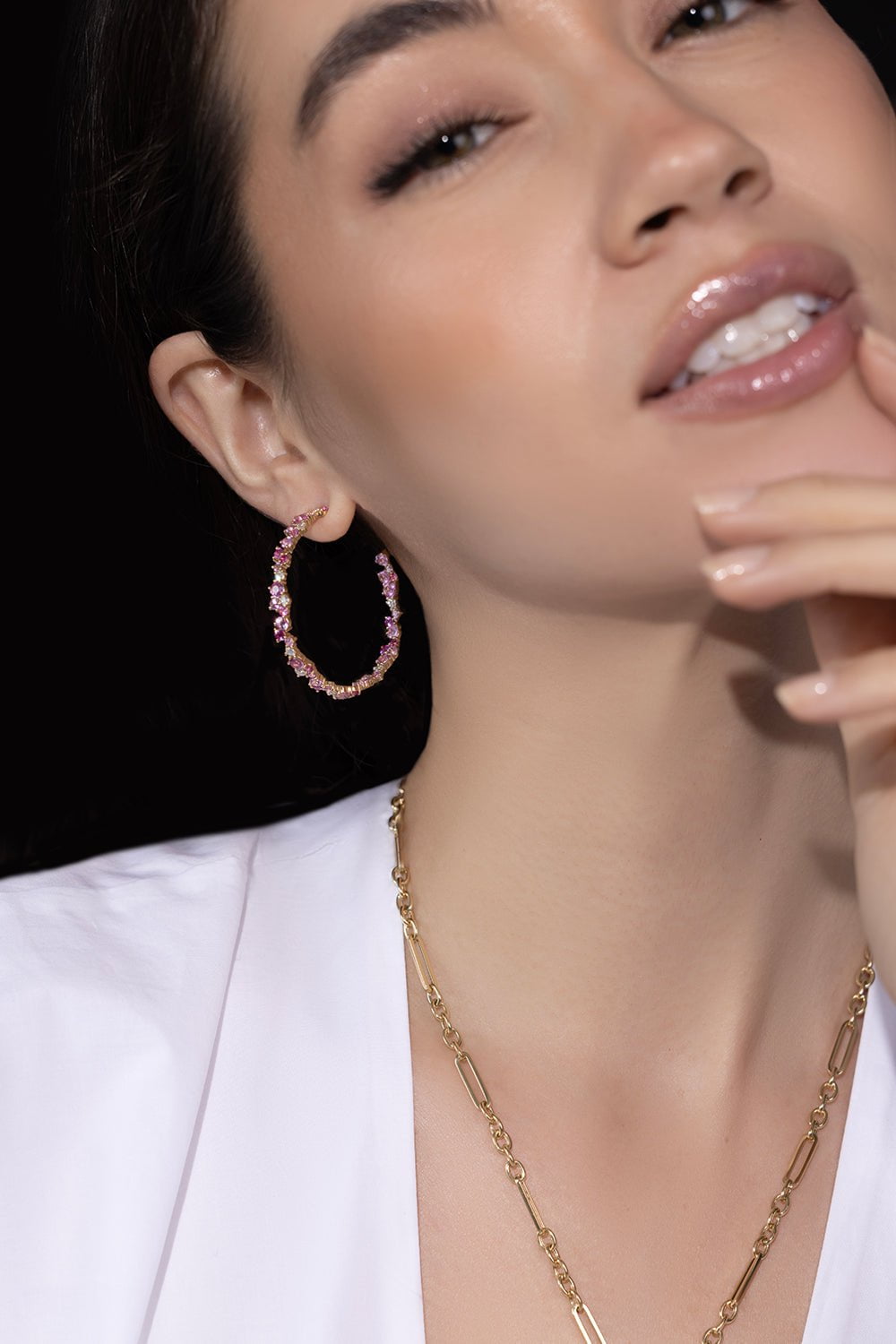 SYDNEY EVAN-XL Pink Sapphire Hoop Earrings-YELLOW GOLD