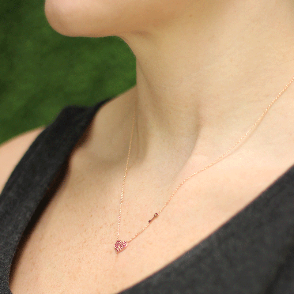 SYDNEY EVAN-Diamond Heart And Key Necklace-ROSE GOLD