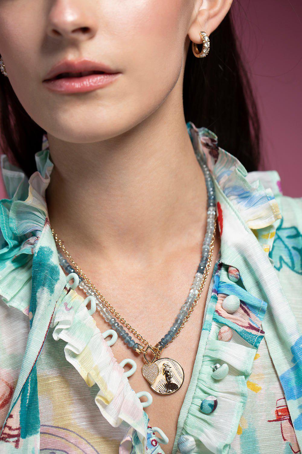 SYDNEY EVAN-Aqua Bead Diamond Heart Necklace-YELLOW GOLD
