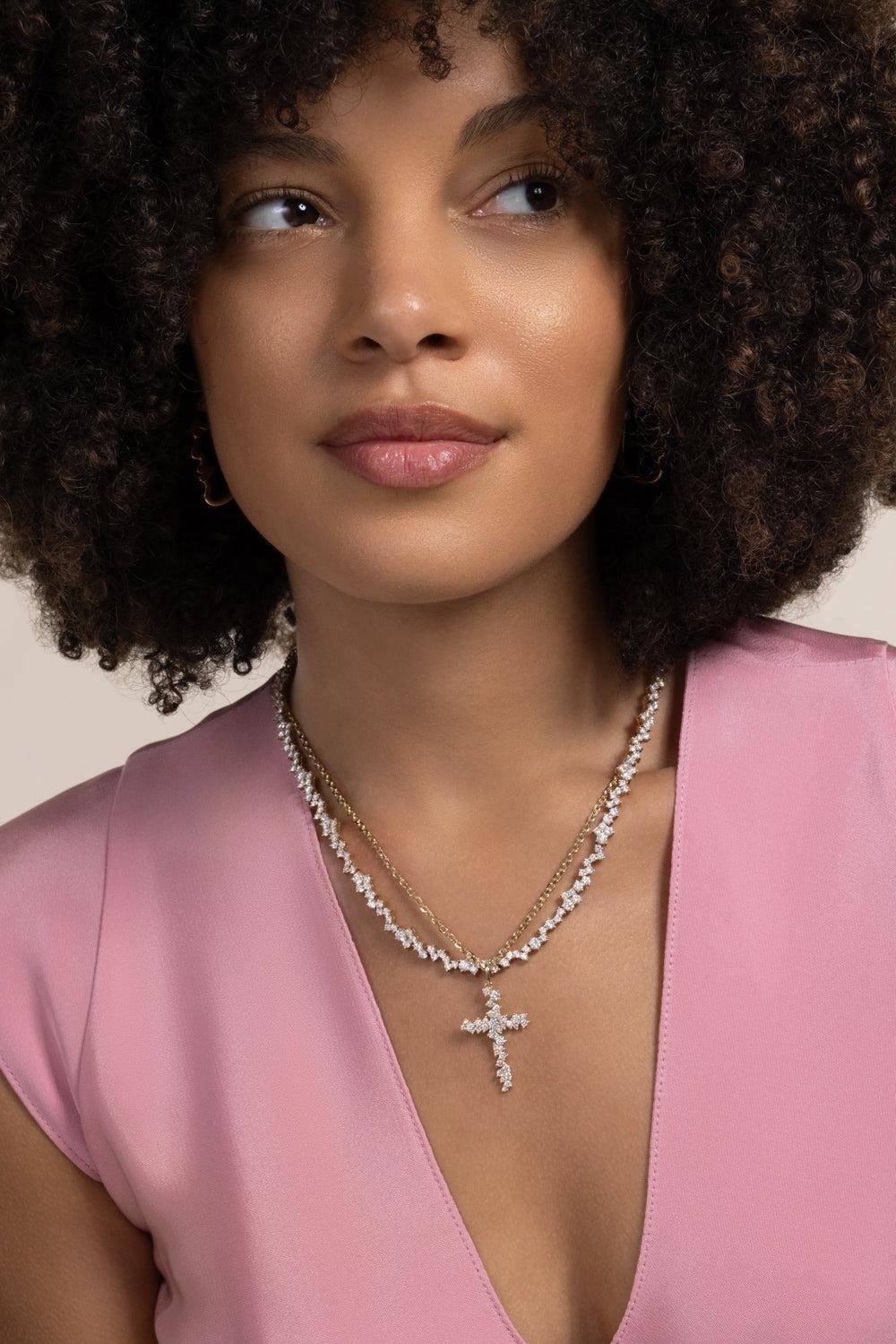 Diamond Cross Charm Cocktail Necklace-YELLOW GOLD-JEWELRYFINE JEWELNECKLACE O-SYDNEY EVAN
