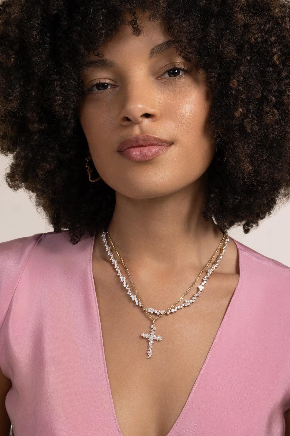 Diamond Cross Charm Cocktail Necklace-YELLOW GOLD-JEWELRYFINE JEWELNECKLACE O-SYDNEY EVAN