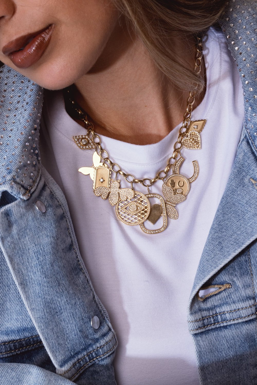 SYDNEY EVAN-Graduated Multi Icon Necklace-YELLOW GOLD