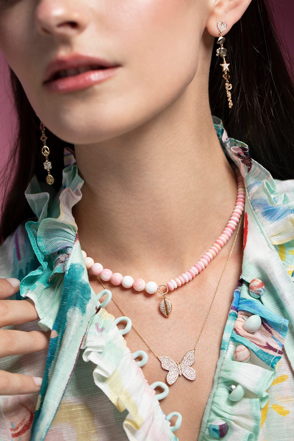 SYDNEY EVAN-Pink Conch Combo Bead Necklace-YELLOW GOLD